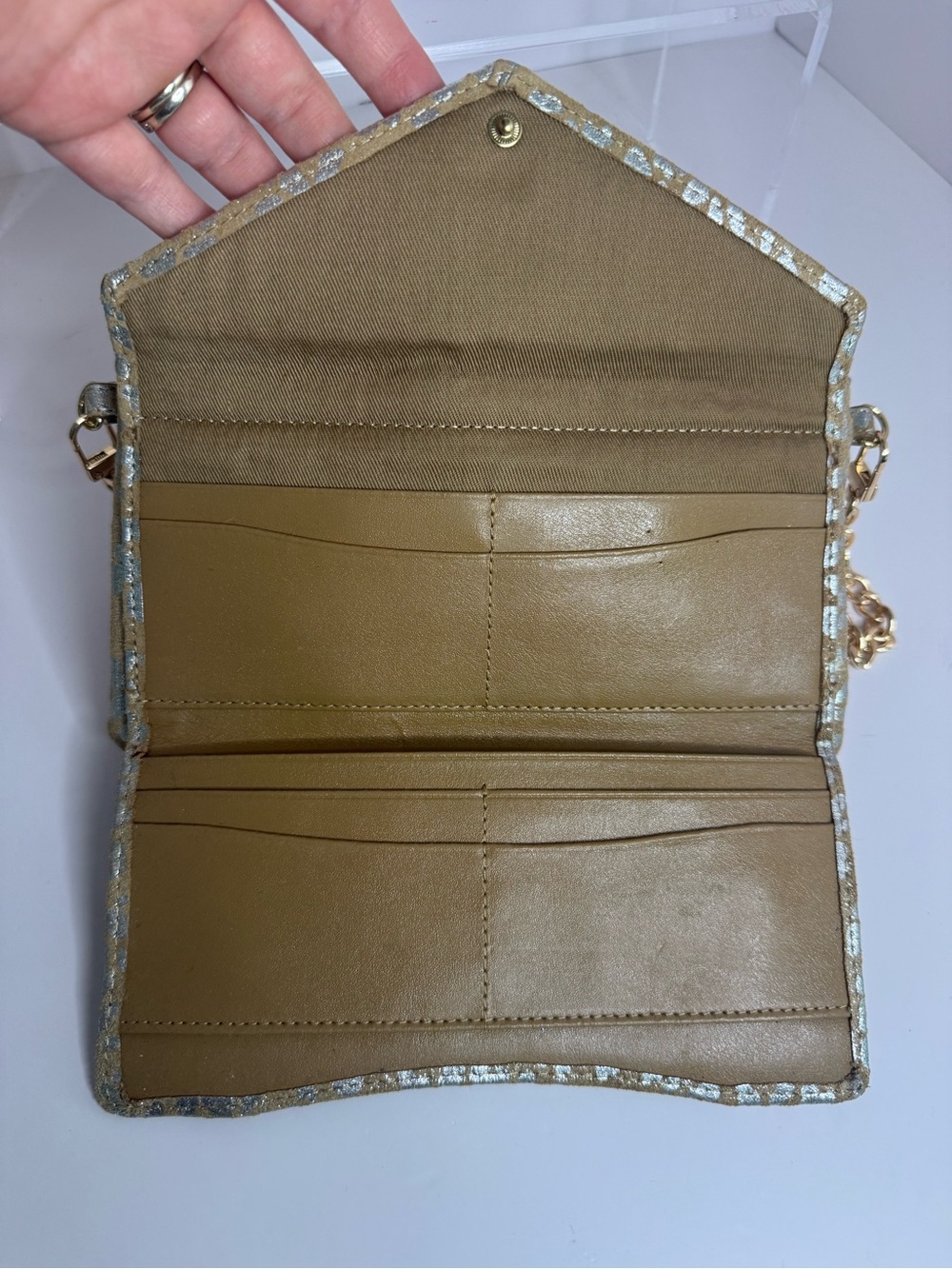 #426 Lodis Small Silver Metallic Leather & Suede Leopard Print Clutch Shoulder - Picture 13 of 16